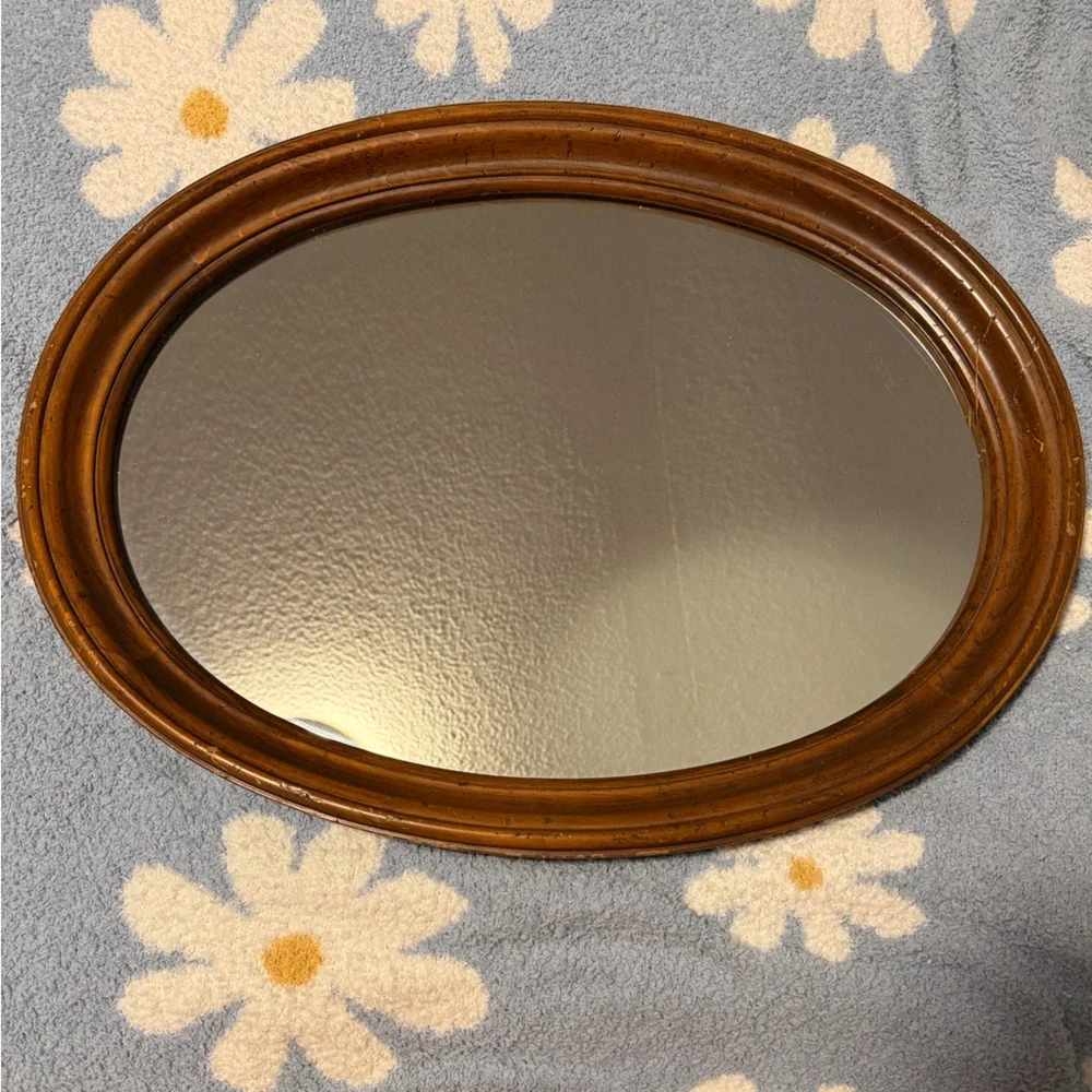 Elegant MCM Brown Oval Wall Mirror